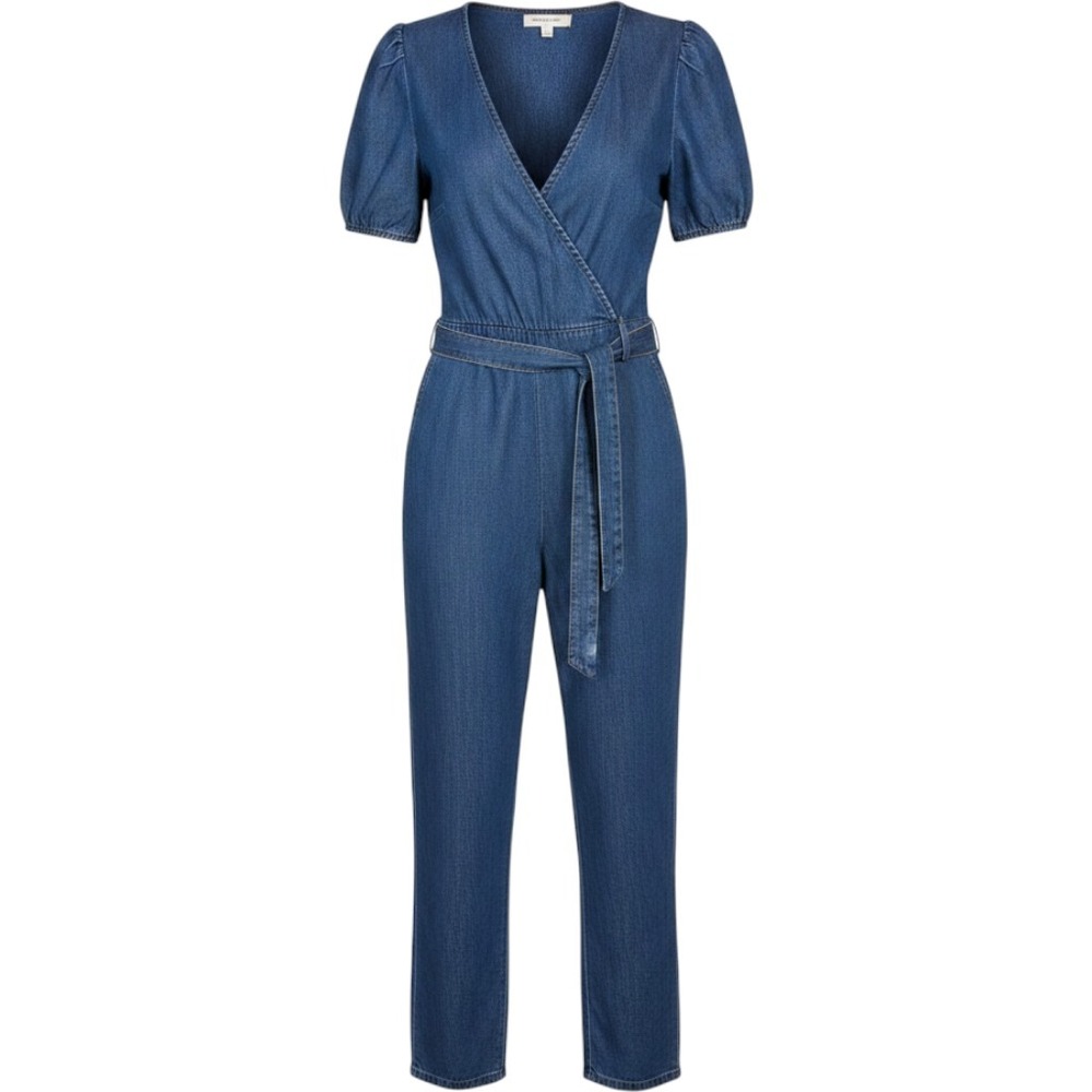 Chelsea & Violet Womens Blue Chambray Denim Puff Sleeve Belted Jumpsuit Medium